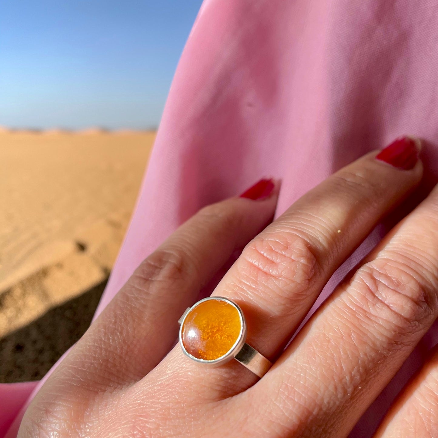 خاتم فضة بحجر كهرمان اصلي