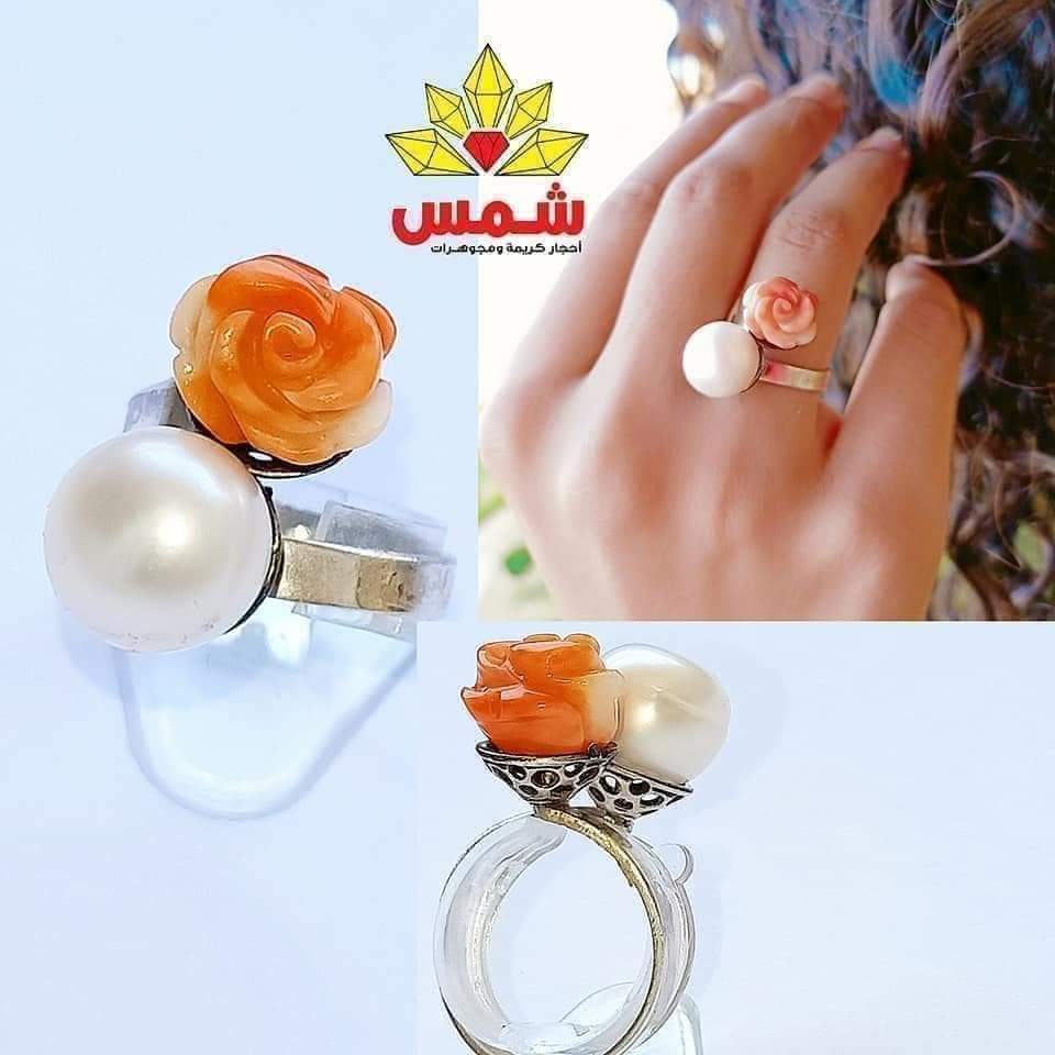 مرجان ايطالي مع لؤلؤة أكويا ياباني-خاتم فضة