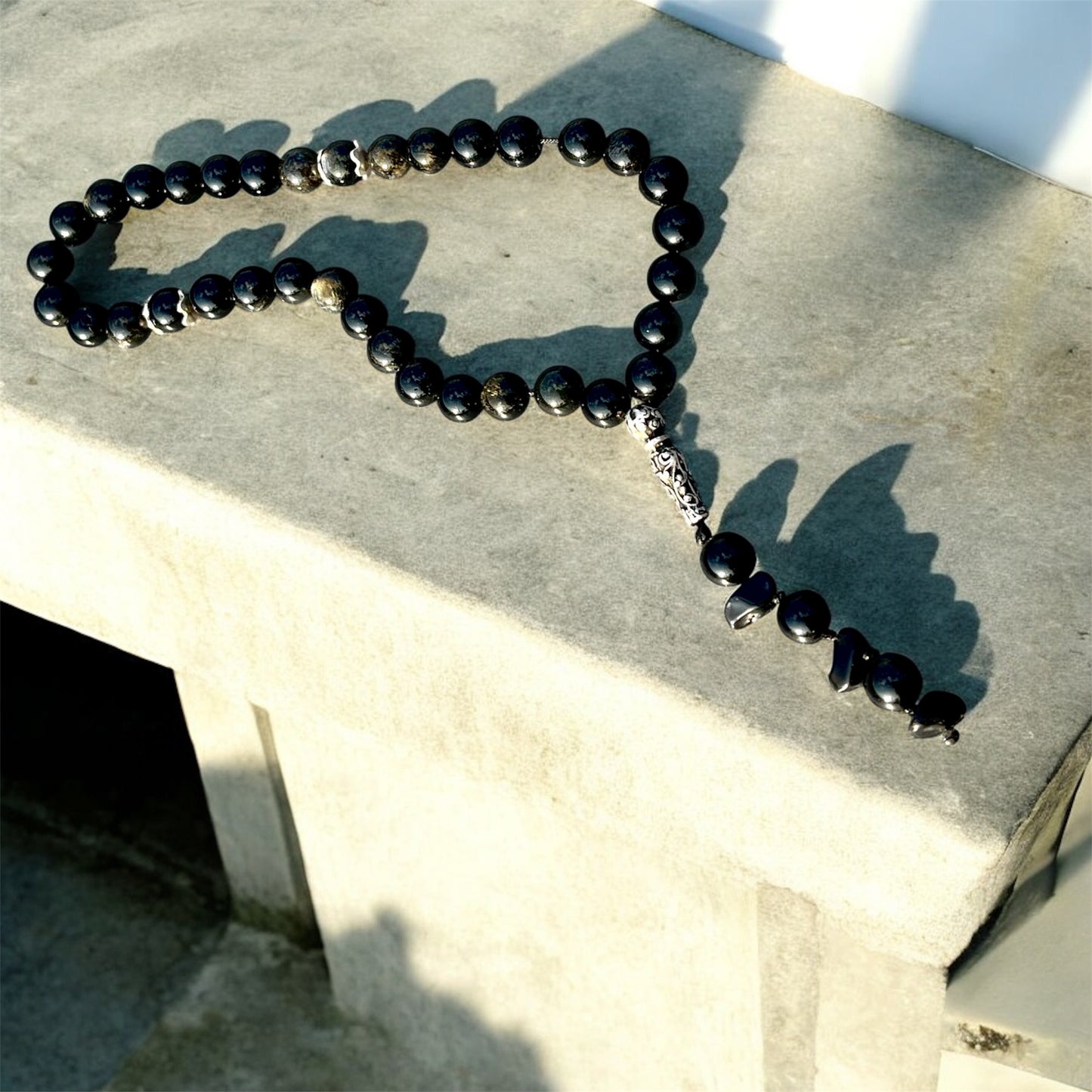 سبحة جولدن اوبسيديان وفضة