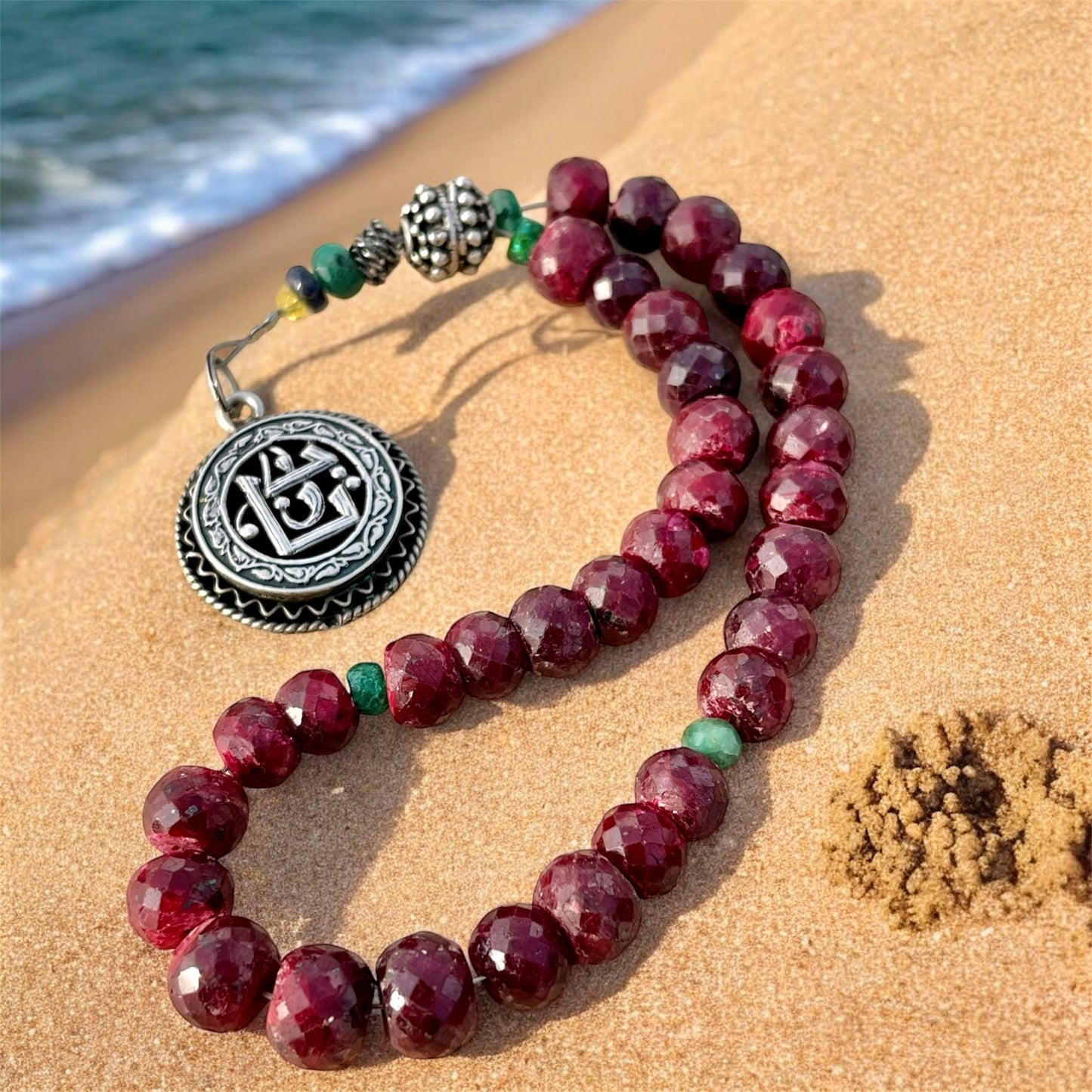 سبحة ياقوت وزمرد وزفير وفضة اصلي