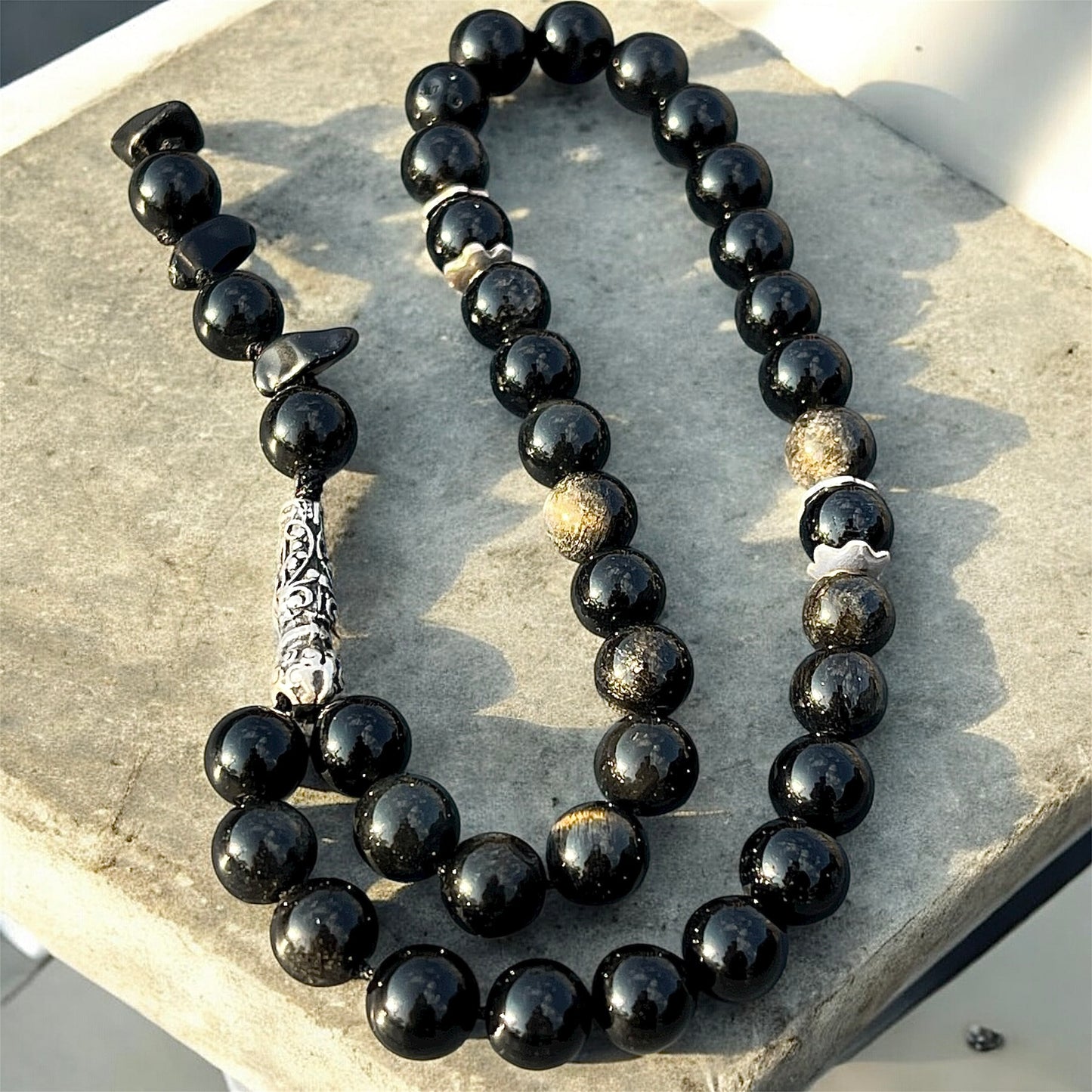 سبحة جولدن اوبسيديان وفضة