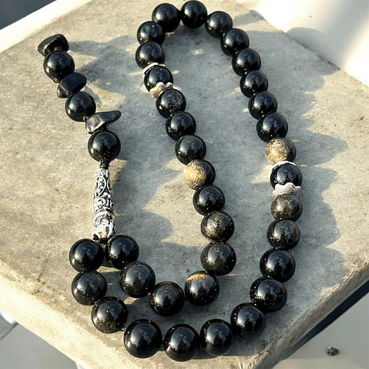 سبحة جولدن اوبسيديان وفضة