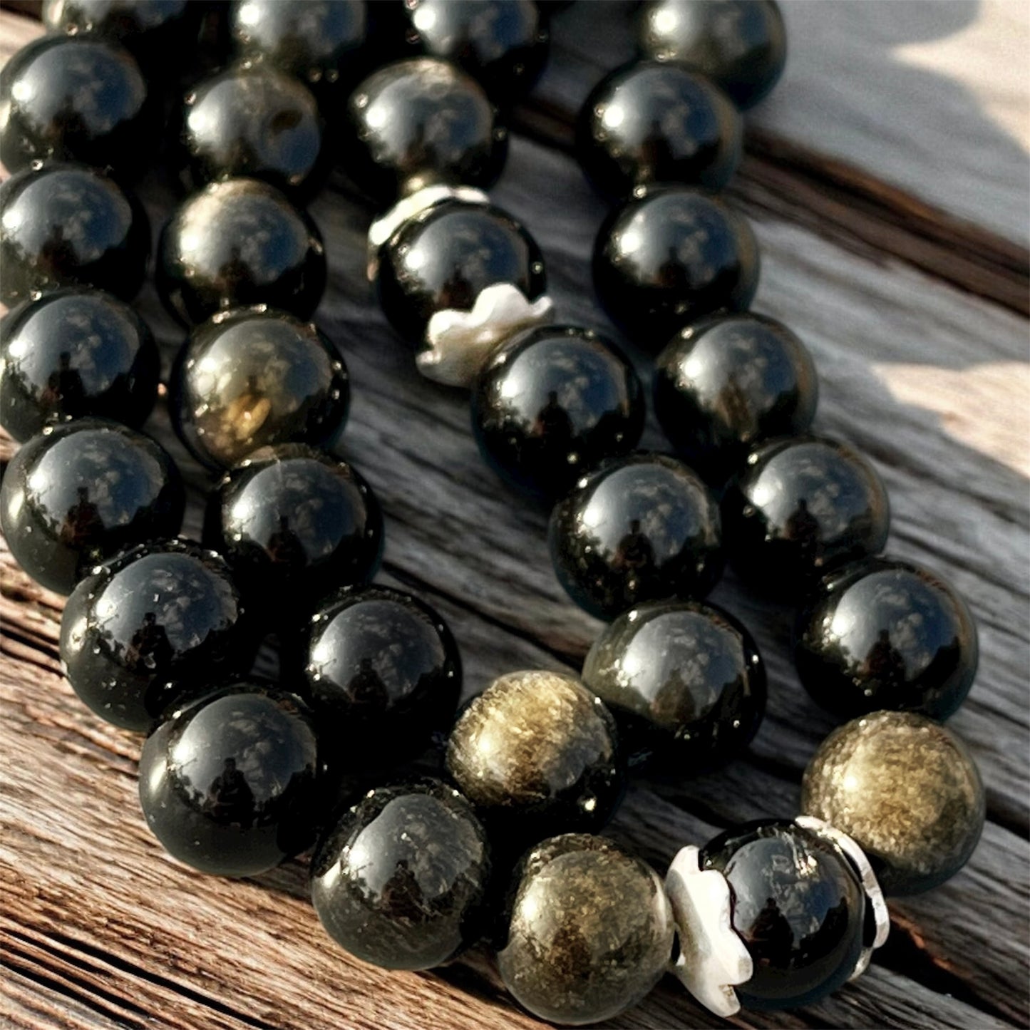 سبحة جولدن اوبسيديان وفضة