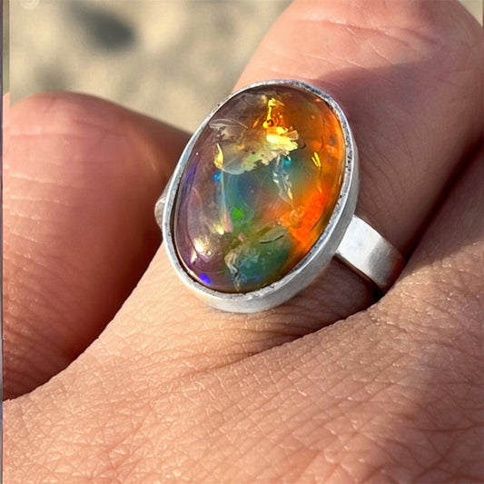 حجر أوبال طبيعي خاتم فضة للجنسين