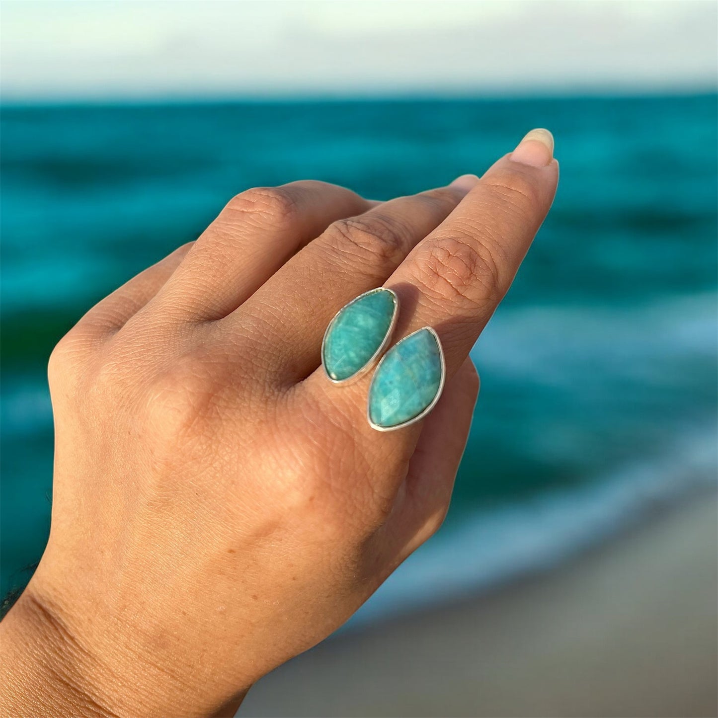 خاتم فضة بأحجار امازونايت