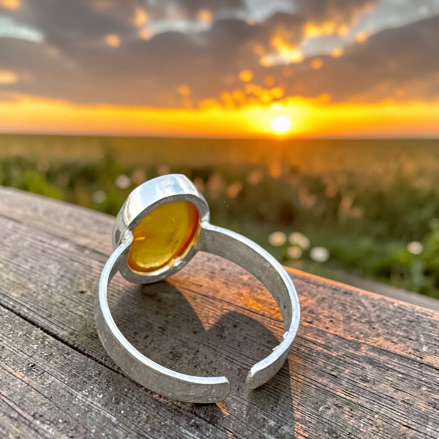 خاتم فضة بحجر كهرمان اصلي