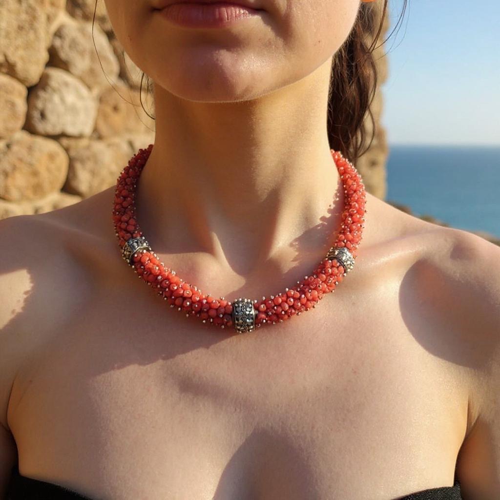 عقد فخم مرجان تونسي أصلي وفضة