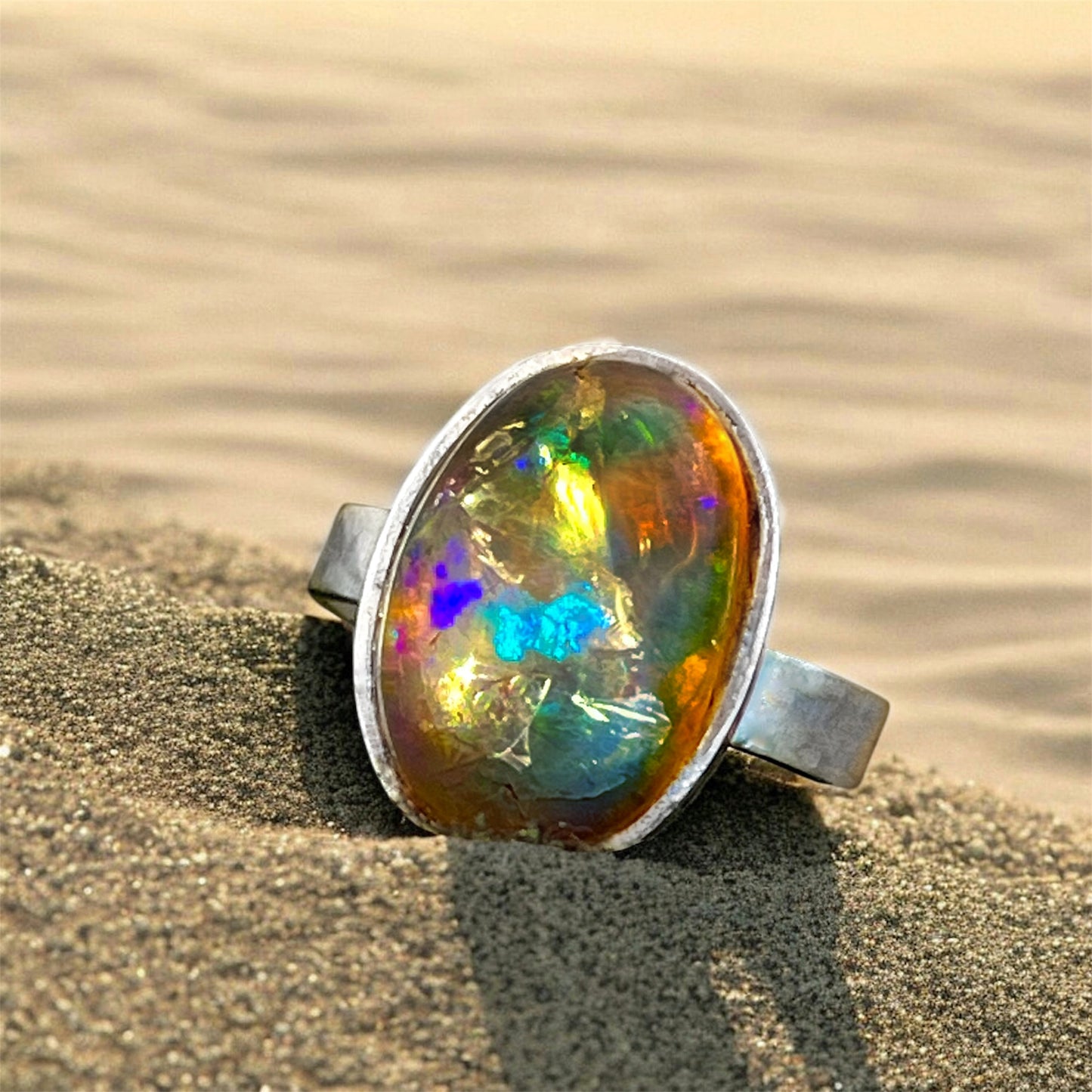 حجر أوبال طبيعي خاتم فضة للجنسين