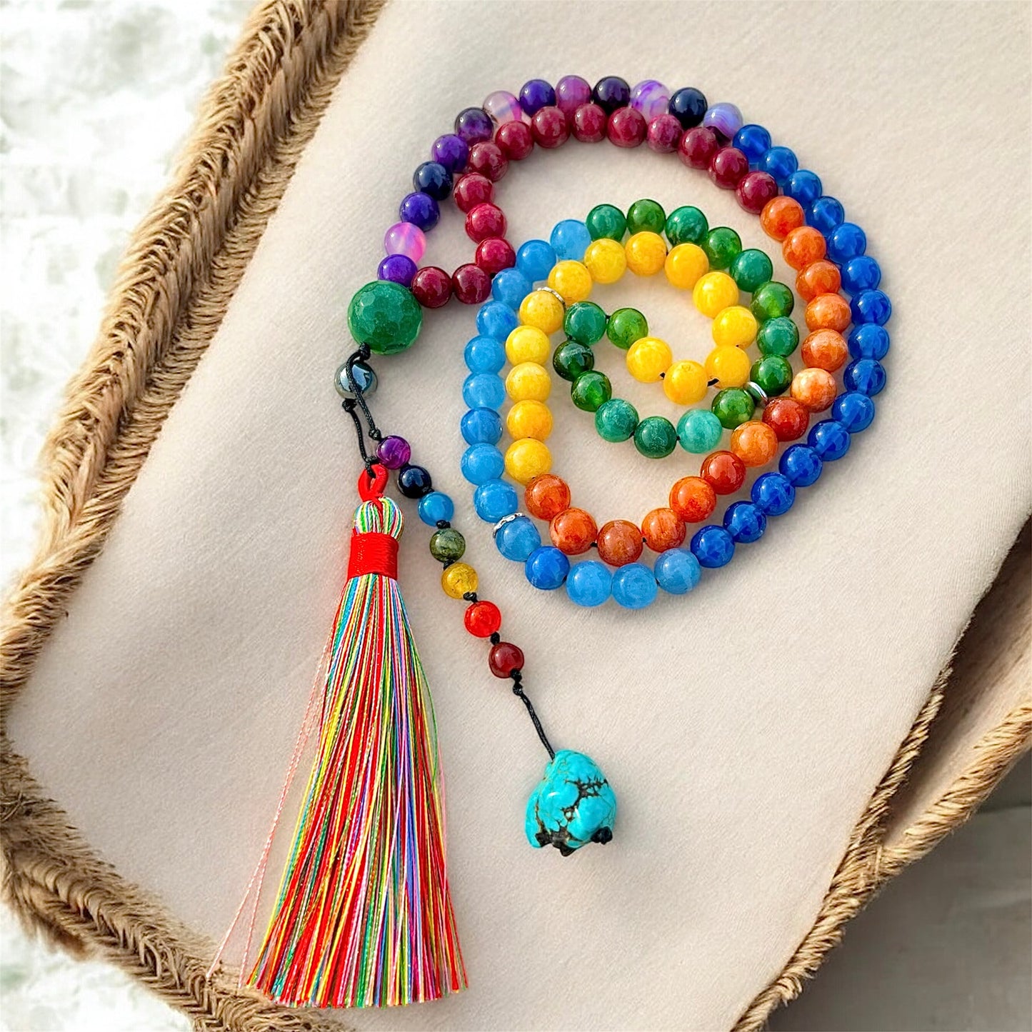 سبحة وعقد شاكرات الطاقة عقيق وفيروز وفضة