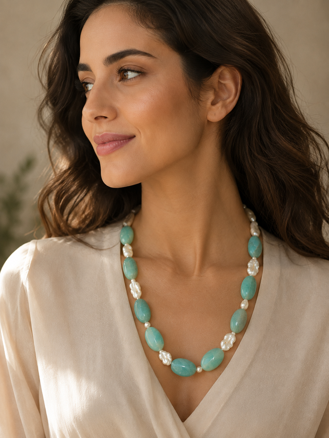 Sea Whisper | Natural Amazonite, Pearl & Silver Necklace
