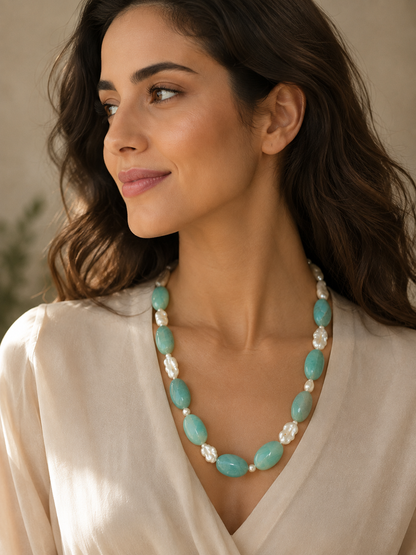 Sea Whisper | Natural Amazonite, Pearl & Silver Necklace