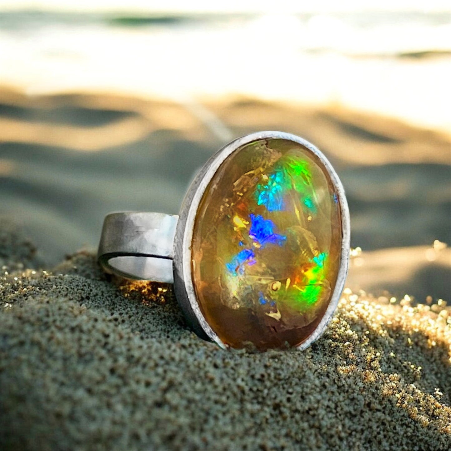 حجر أوبال طبيعي خاتم فضة للجنسين