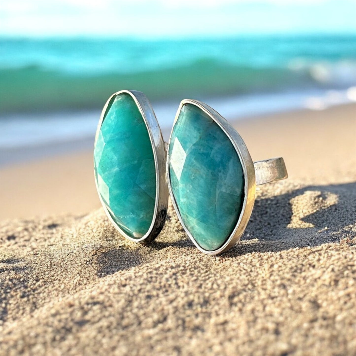 خاتم فضة بأحجار امازونايت